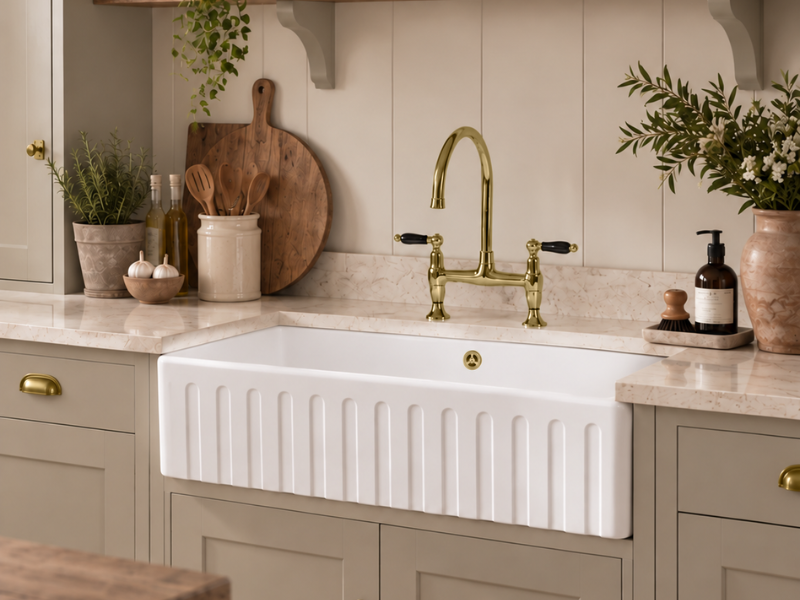 Argilla Fireclay Butler 795 with Moulins Classic Bridge Mixer tap in Gold Brass